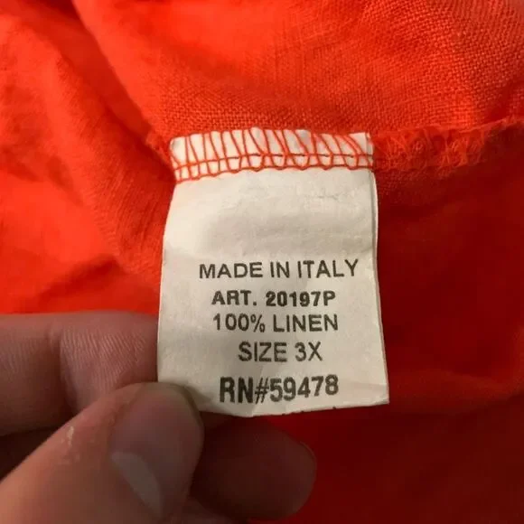 New Saiph Lab Womens Orange 100% Linen Shirt Plus Size 3X Top‎ Made Italy - Picture 6 of 7